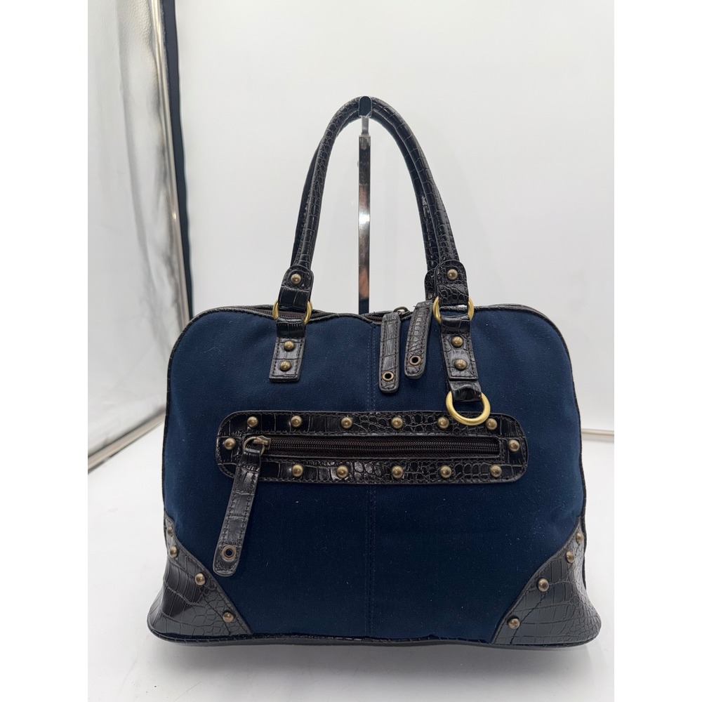 Bueno Navy Blue Canvas Croc Embossed Trim Studded Satchel Handbag Brown Accent